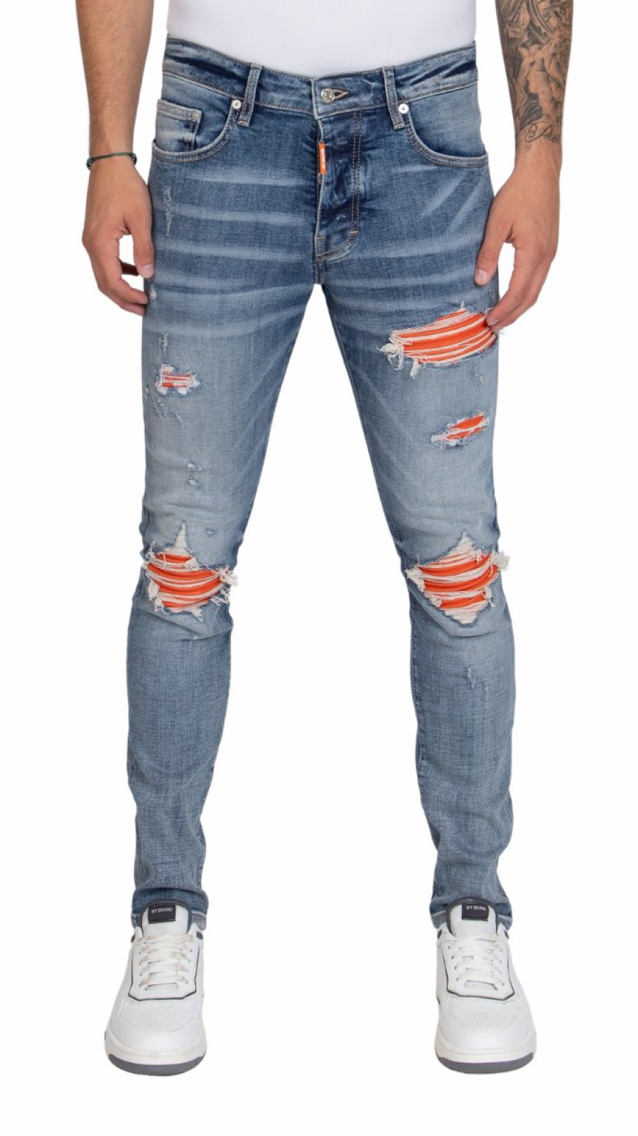 Heren My Brand Jeans | Orange Ripped Biker Jeans