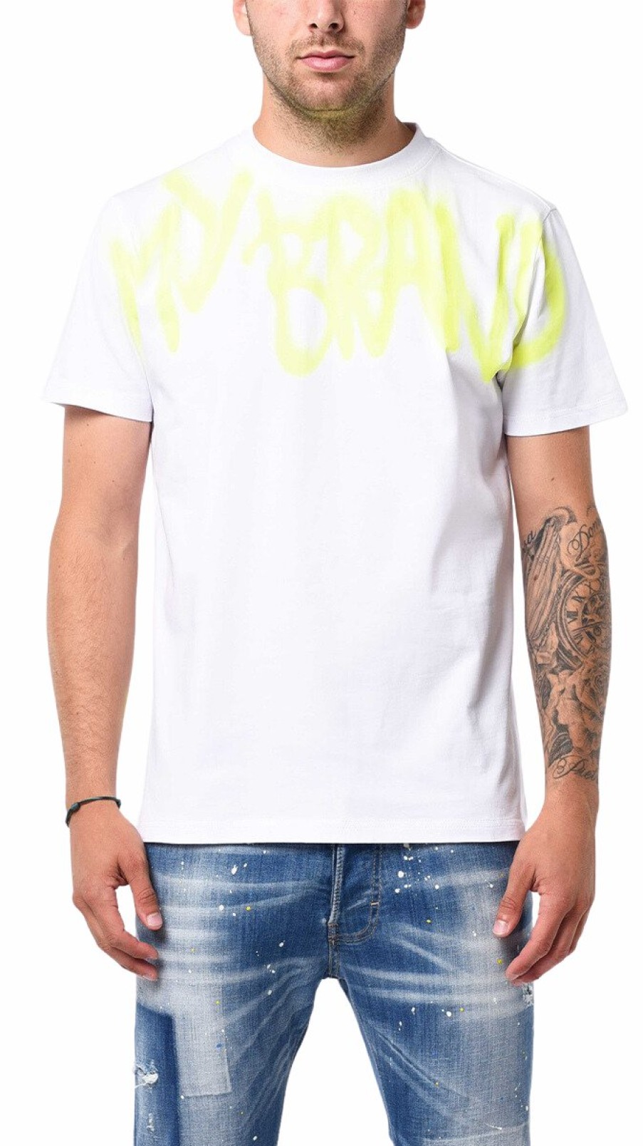 Heren My Brand T-Shirts | Mb Logo Graffiti Spray Neon Yellow Tshirt