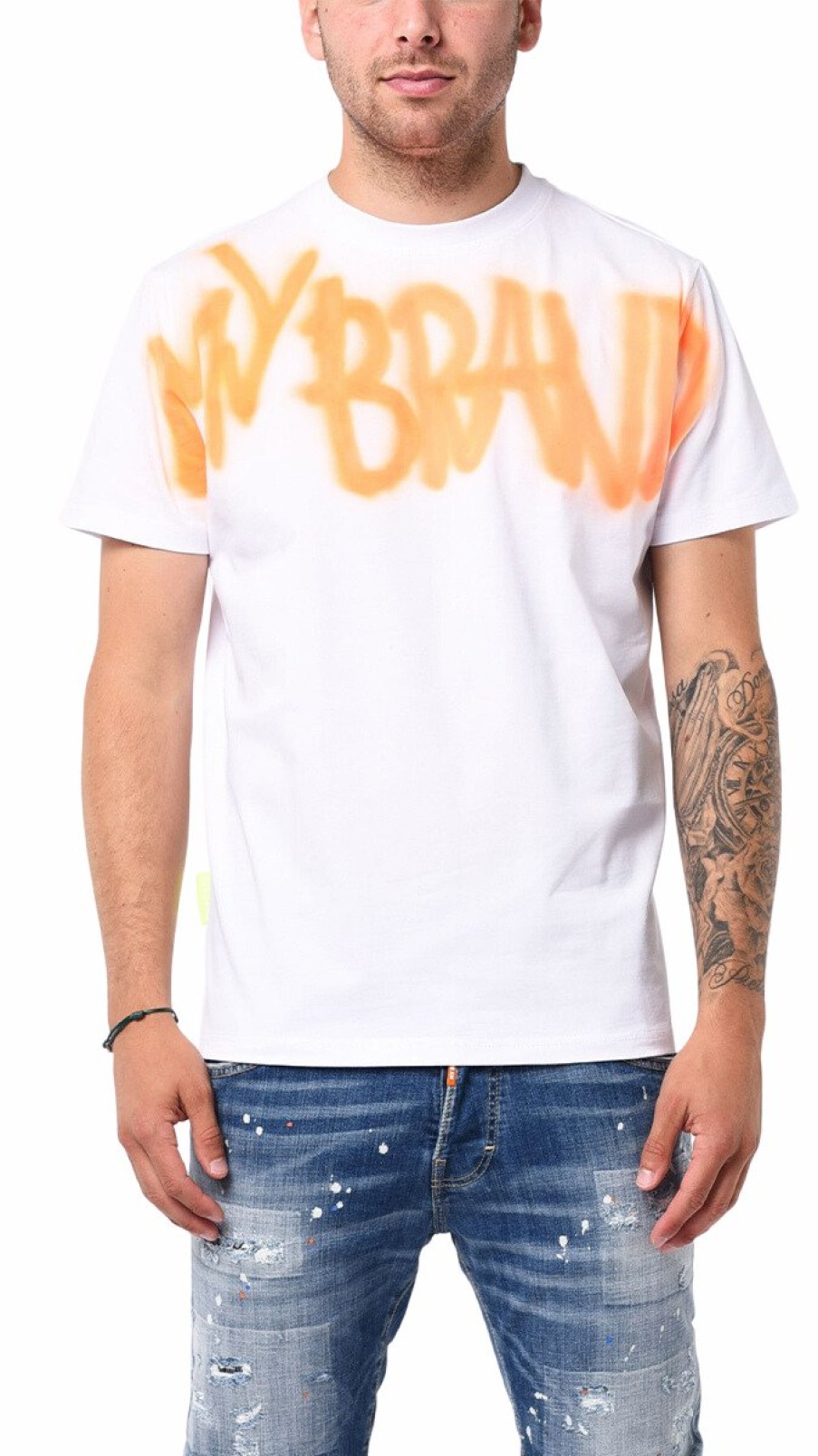 Heren My Brand T-Shirts | Mb Logo Graffiti Spray Neon Orange Tshirt