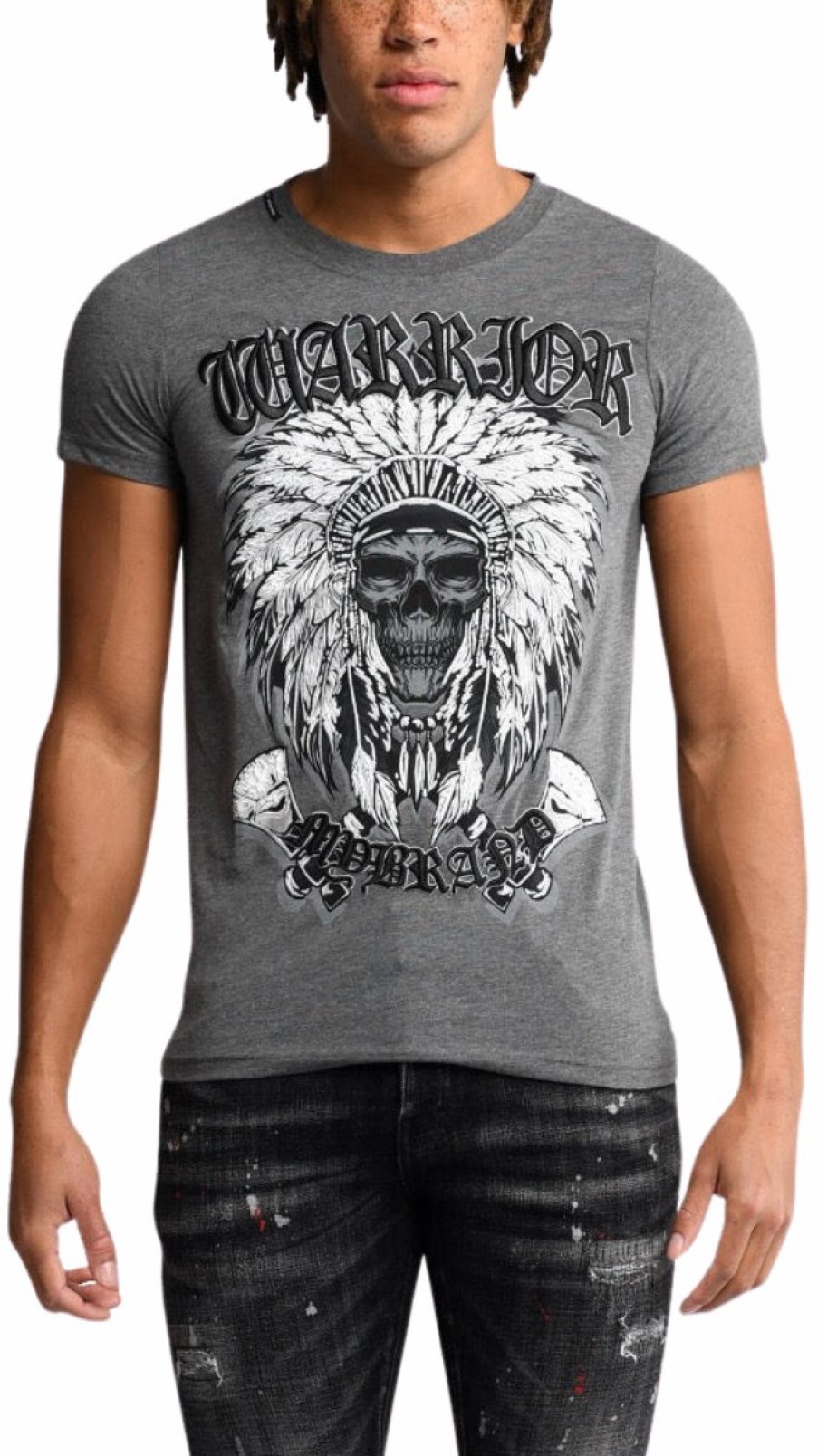 Heren My Brand T-Shirts | Warrior Indian Skull T-Shirt Grey