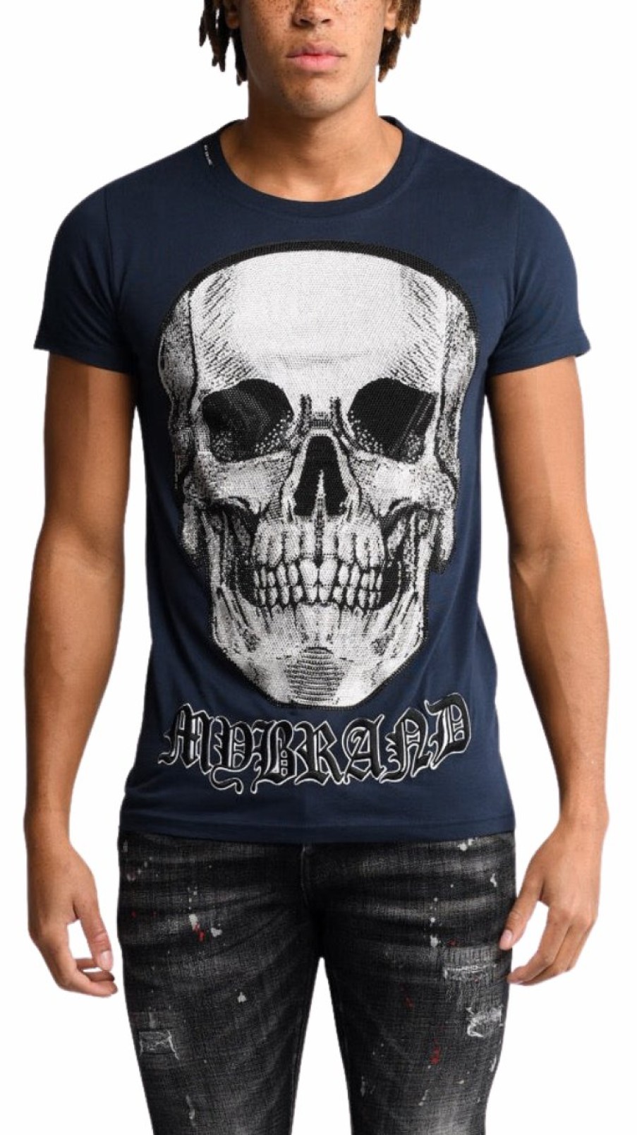 Heren My Brand T-Shirts | White Skull T-Shirt Navy